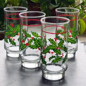 Holly and Berry Glasses - Set of 4 - Christmas Highball Tumblers, Gifts for Men